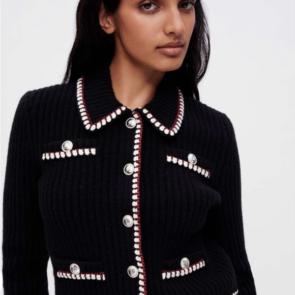 MAJE Contrasting ribbed cropped cardigan - Black with red and white trimming - Picture 4 of 8